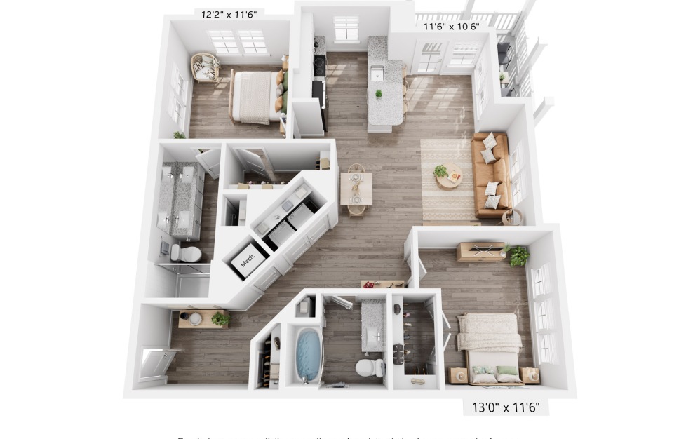 B2A - 2 bedroom floorplan layout with 2 baths and 1147 square feet.