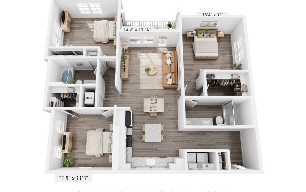 C1A - 3 bedroom floorplan layout with 2 baths and 1325 square feet.